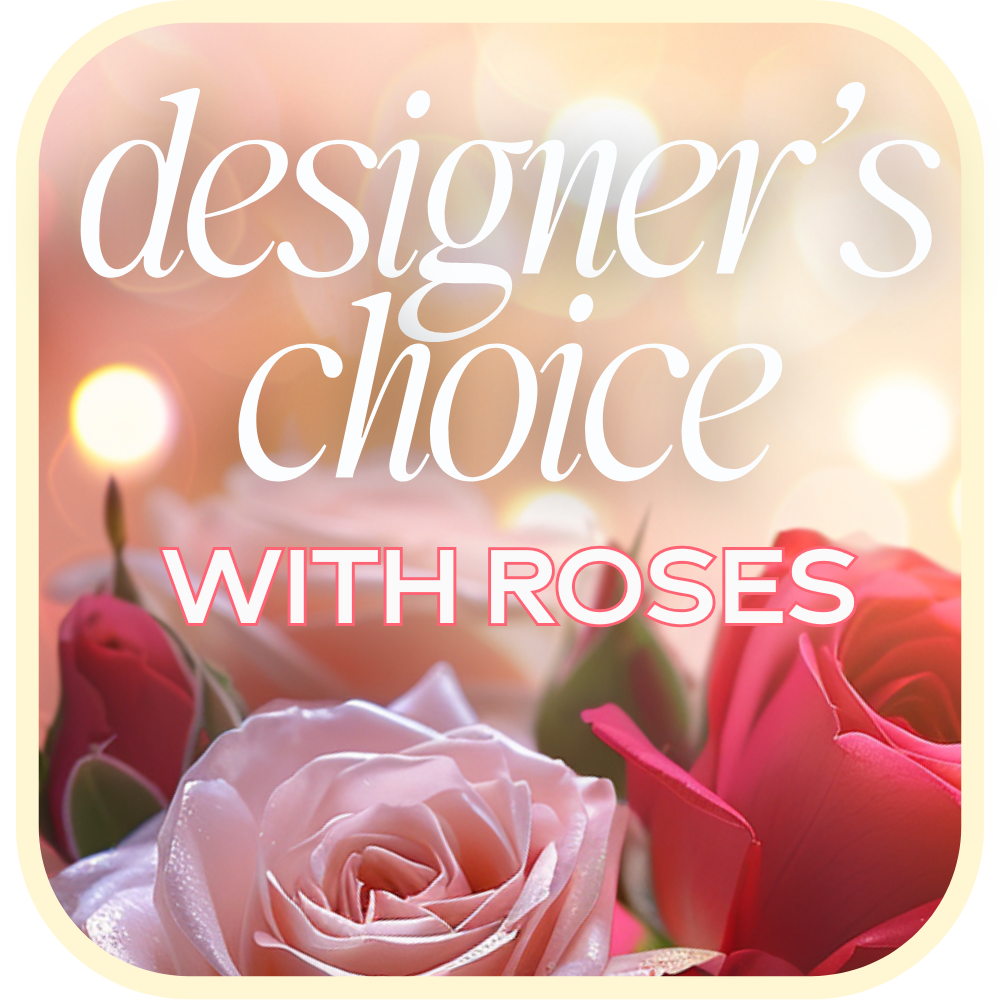 Designer's Choice with Roses in Glass Vase